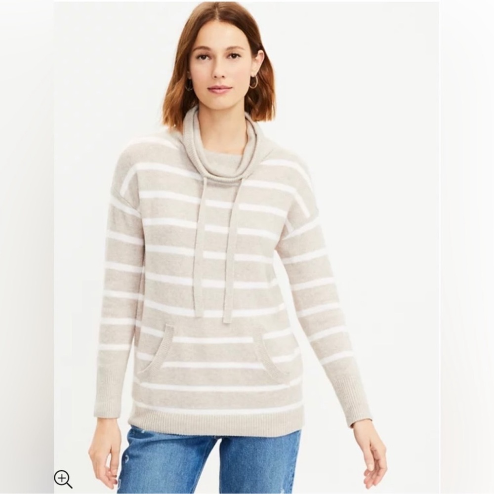 Loft Striped Drawstring Neck Pocket Sweater In Stone Heather Size Large
